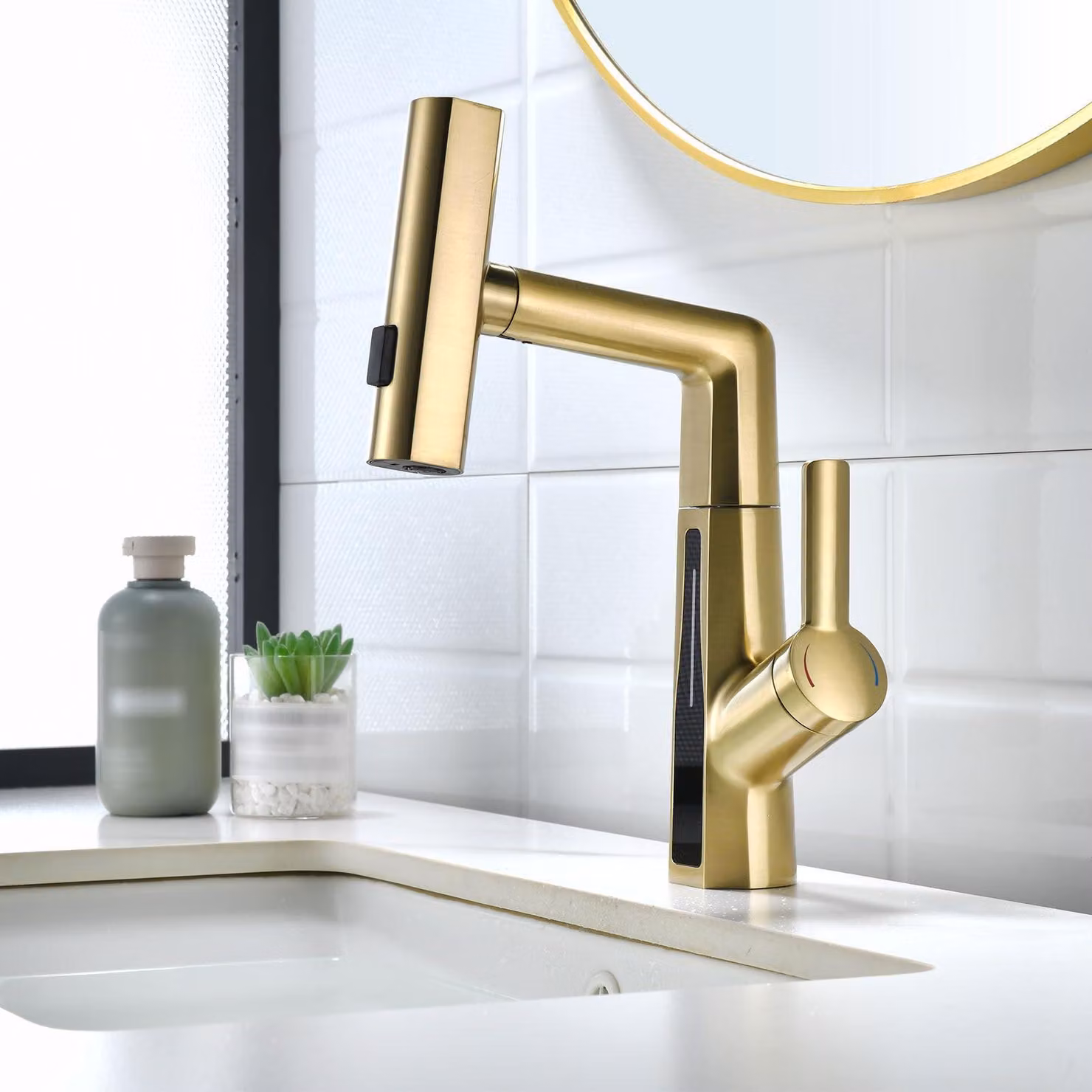 Miscelatore per lavabo, display LED, 3 modalità, estensibile, regolabile in altezza, in ottone