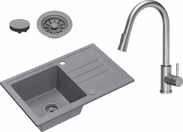 VBChome Lavello in granito grigio con rubinetto 70 x 44 cm Lavello da incasso a vasca singola Maculato Reversibile Lavello in granito grigio Sifone Rubinetto per lavabo Inox con bocca estraibile