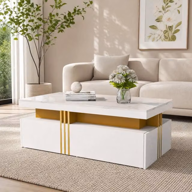 Tavolino da salotto ULEVR 100x50x40 cm con 2 cassetti, piano bianco lucido effetto marmo e dettagli in metallo