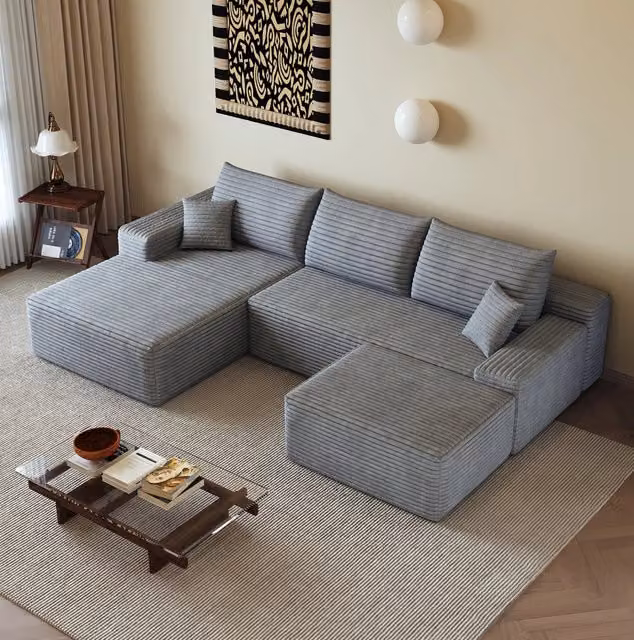 Divano modulare con chaise longue a L in tessuto a coste grigio; imbottitura in schiuma; senza attrezzi
