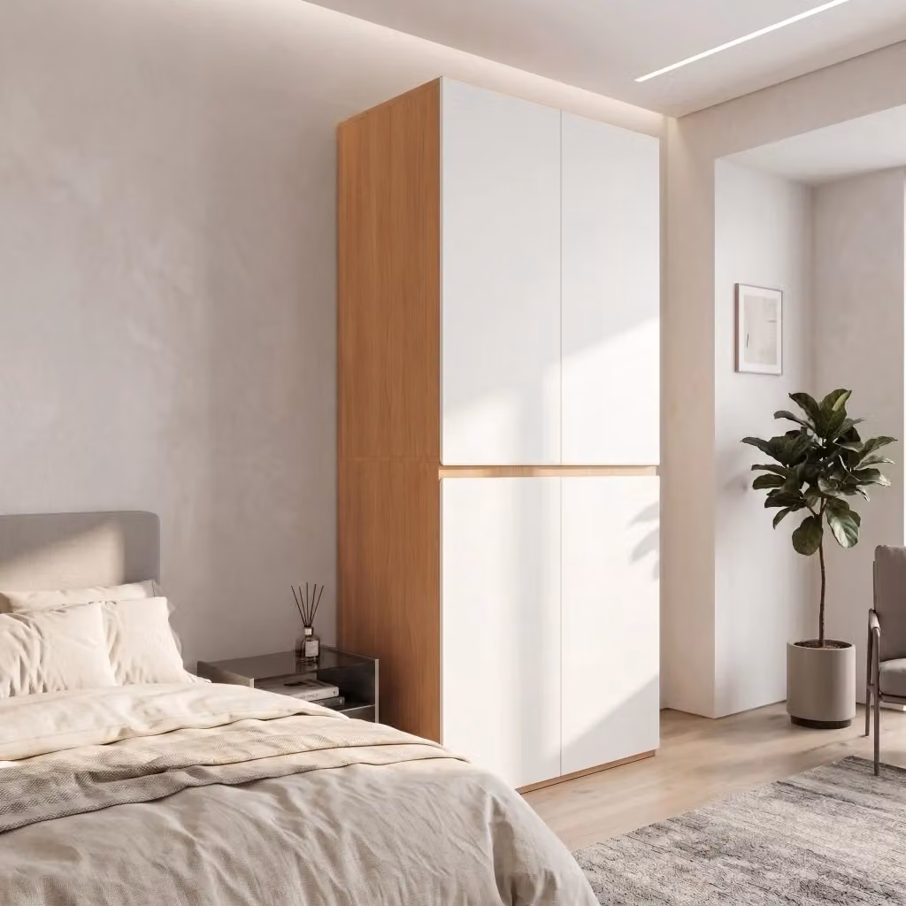 Armadio moderno in MDF bianco con 4 ante, 3 cassetti interni e asta appendiabiti, L/P/H: 90 x 50 x 200 cm – 2