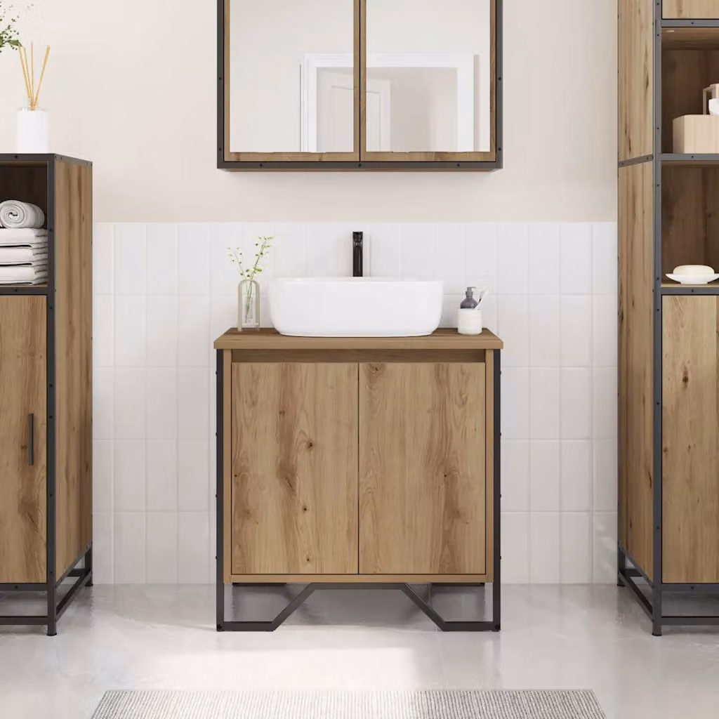 Armadio per lavabo da bagno moderno vidaXL in legno e metallo, colore rovere e nero, L: 60 cm, P: 35 cm, H: 60 cm