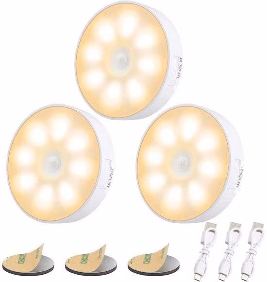 Lampade notturne a LED, confezione da 3 - Sensore di movimento - Ricaricabili tramite USB - 3 livelli di luminosità - Funzionamento automatico/spegnimento - Ideali per camere da letto, armadi, bagni e corridoi - Luce bianca calda da 3000K