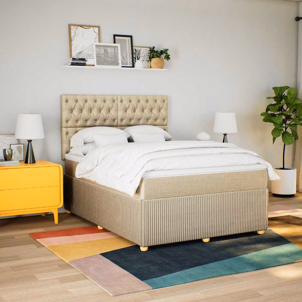 vidaXL Giroletto a Molle Ibrido con Materasso in Tessuto Beige e Bianco L/P/H: 160 x 200 cm