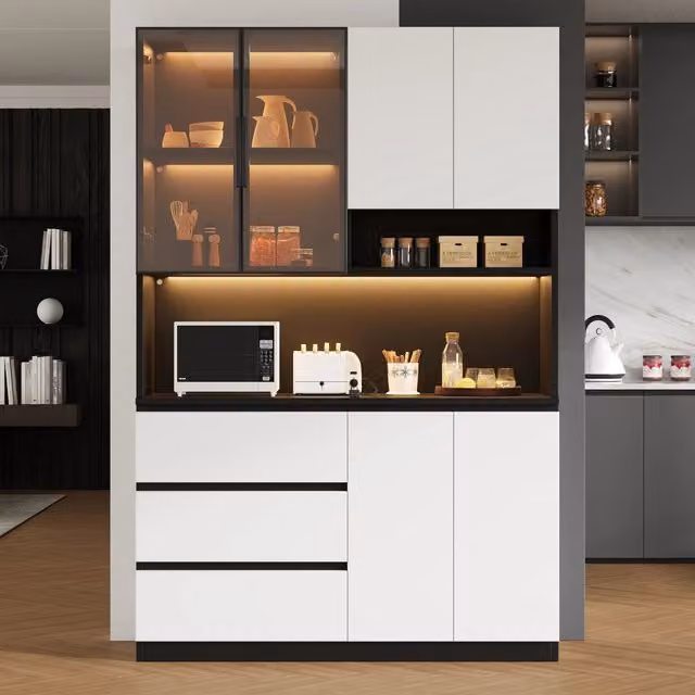 Mobile Cucina con Vetrina LED ¨C MINIMAL ¨C 3 Cassetti, 6 Ante, Ripiani, 120.5x40x180 cm