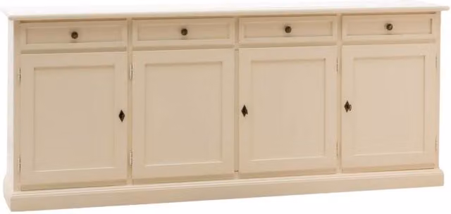 Madia credenza shabby chic in legno di pino con 4 porte di Mobili 2G, colore avorio anticato, L: 205 cm, P: 42 cm, H: 85 cm