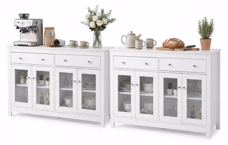 Mobile bar/contenitore bianco lucido, 140 cm di larghezza, con ante in vetro e cassetti, set da 2