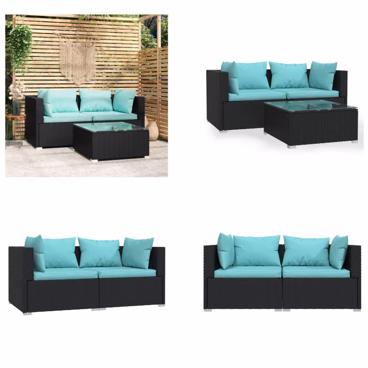 vidaXL set salotto da giardino 3 pezzi con cuscini in poly rattan nero - set salotto da giardino - set salotto da giardino - divano e tavolo - set salotto da patio