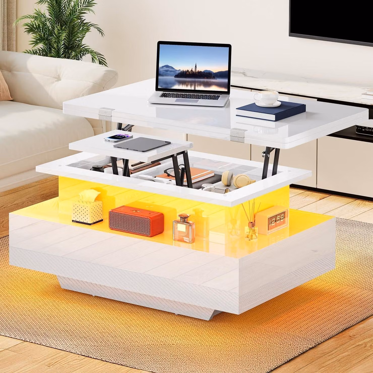 Tavolino da divano con piano estendibile e illuminazione a LED, colore bianco