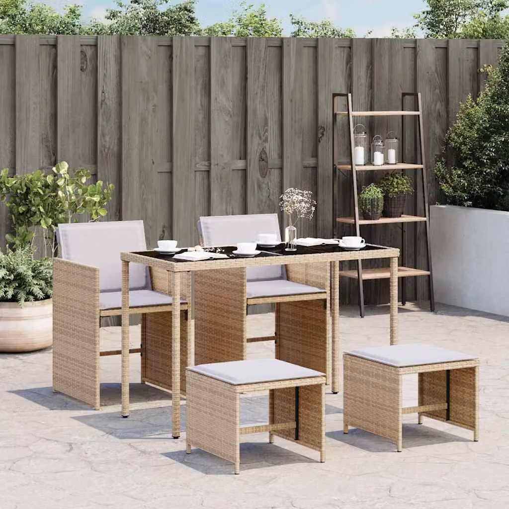 Set Pranzo da Giardino vidaXL in Polyrattan con Cuscini Beige e Grigio e Tavolo in Vetro 5 Pezzi