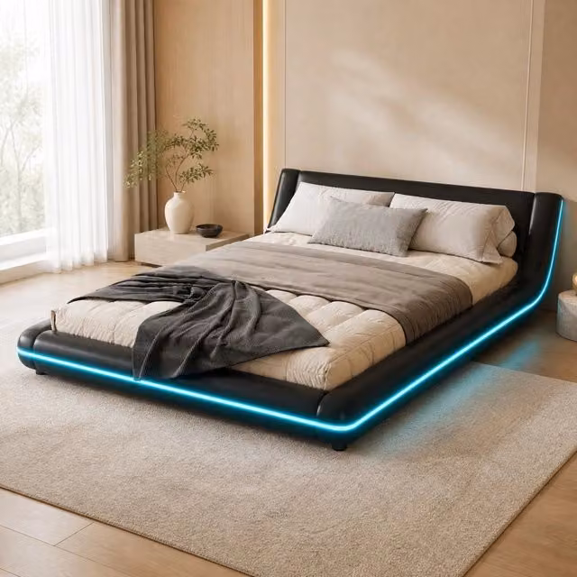 Letto a pavimento REDOM in ecopelle nera con illuminazione LED sottostante L/P: 140 x 200 cm