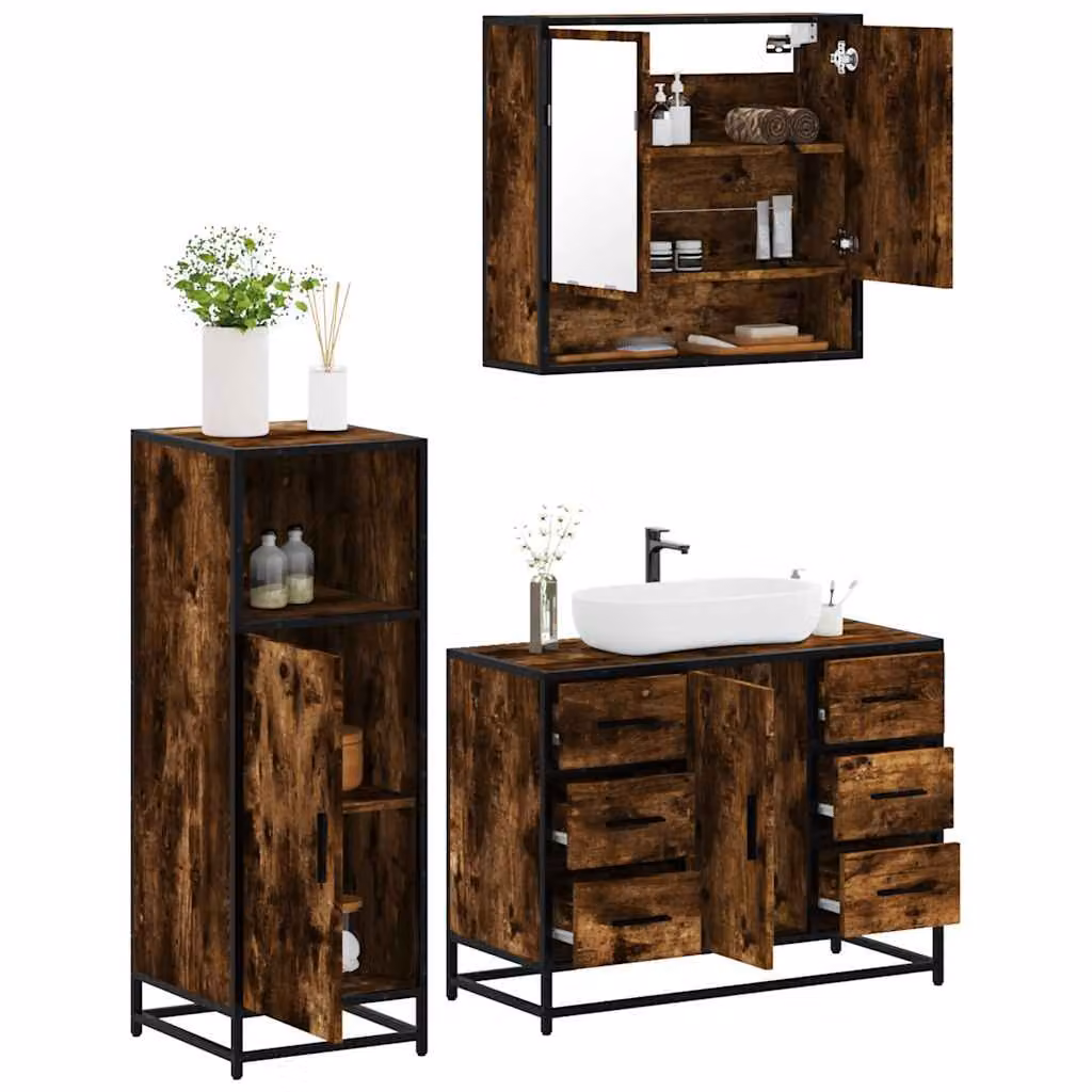 Set di mobili da bagno 3 pezzi vidaXL in stile industriale color rovere fumo con mobile lavabo, pensile e armadietto con specchio