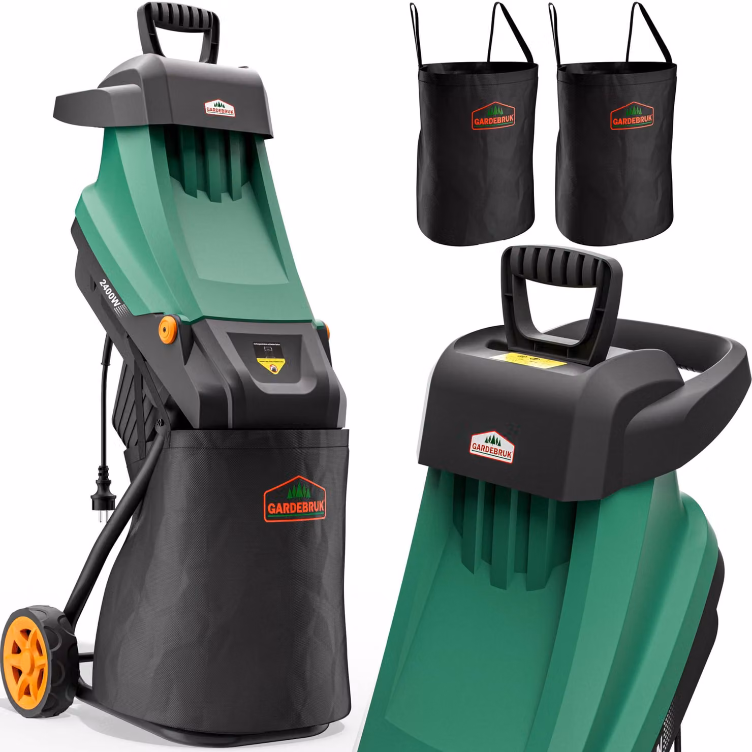 Trituratore per giardino elettrico - Motore da 2400 W - Diametro massimo dei rami: 45 mm - Contenitore di raccolta da 2 x 50 litri - Tritatutto a lame