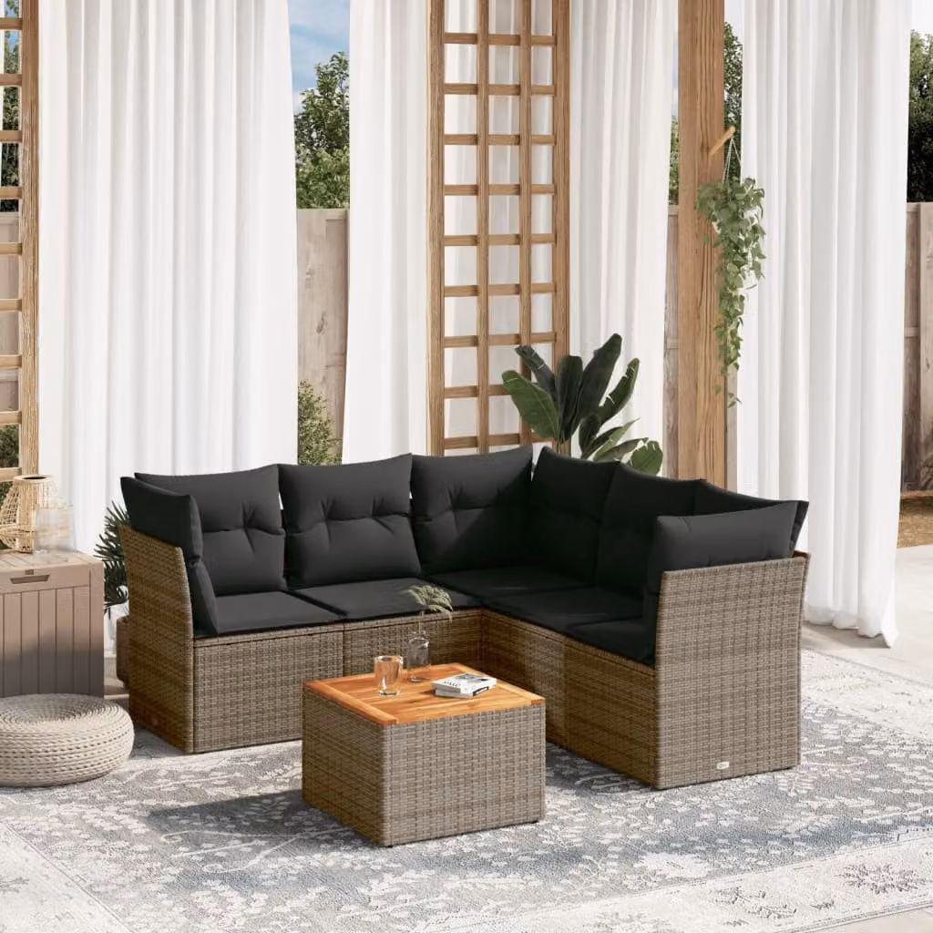 vidaXL Set Divano da Giardino a L 6 pz in Polyrattan Grigio con Cuscini e Tavolino da Esterno – 1