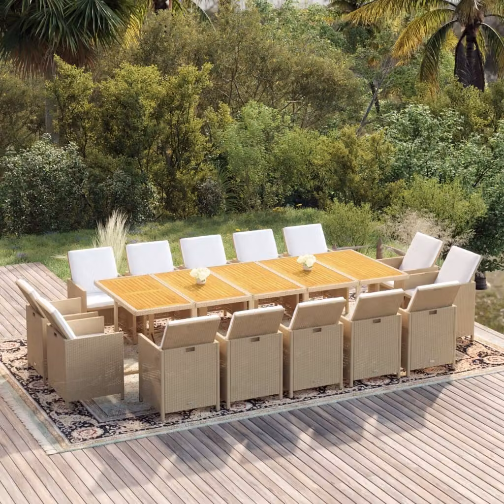 The Living Store Set da pranzo da giardino 15 pezzi con cuscini Poly Rattan Beige