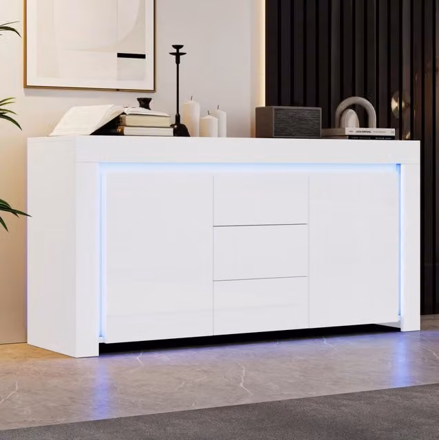 Madia ULEVR 140x40x65 cm con 2 ante, 3 cassetti, ripiani regolabili e LED controllabile via app, bianco lucido