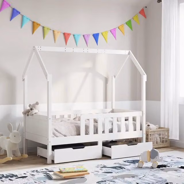 Giroletto per bambini vidaXL in legno massello di pino bianco con cassetti e struttura a casetta L: 80 cm, P: 160 cm, H: 169 cm