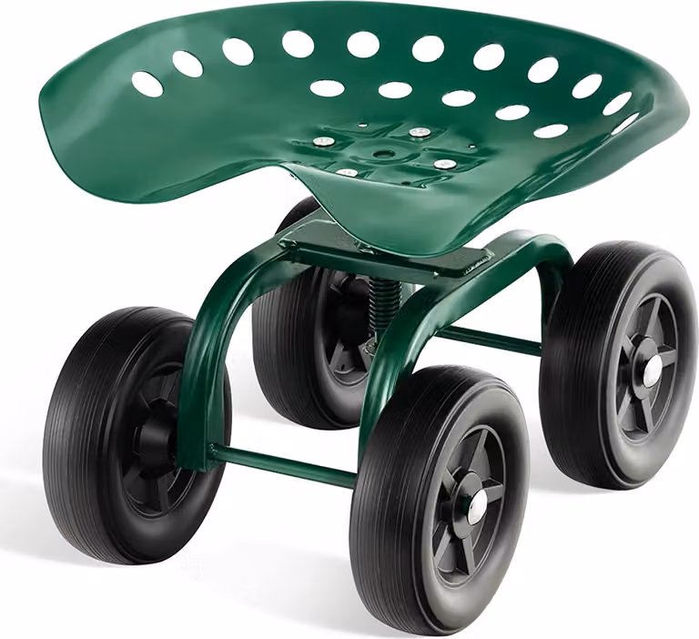 COSTWAY Sedile rotante con rotelle, girevole a 360° regolabile in altezza, sedile mobile da giardino sgabello da giardino per esterni, fino a 150 kg, pneumatici larghi, sedile rotante da giardino in metallo, per giardinaggio e cura dell'auto, verde