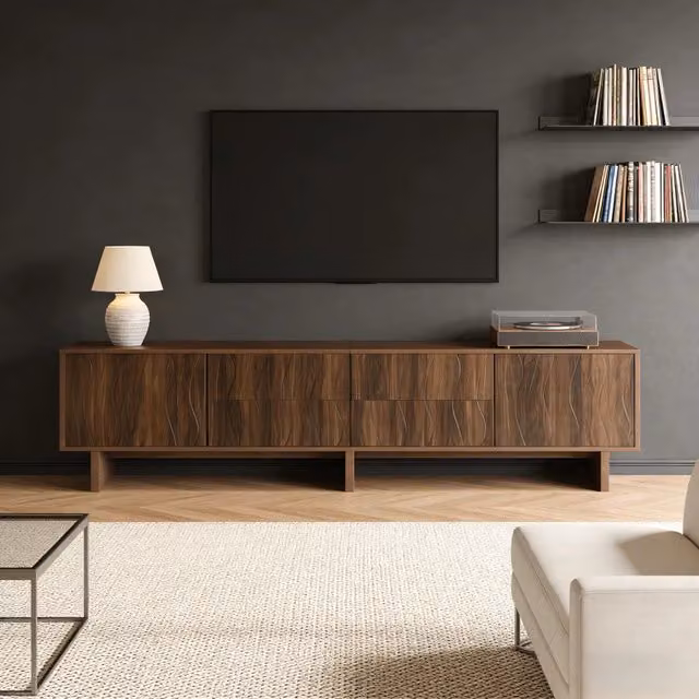 Mobile TV ¨C Minimal ¨C 180x40x56cm colore noce scuro 4 cassetti 2 ante design ondulato per TV fino a 75 pollici soggiorno