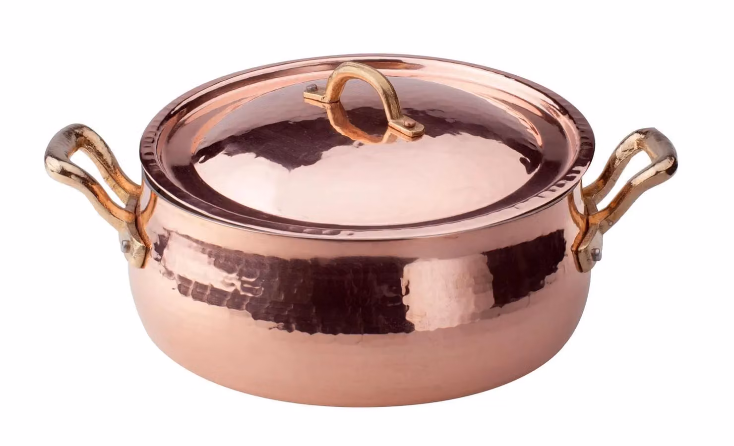 Casseruola Bassa Bombata in rame martellato stagnato a mano 2mm con coperchio, due maniglie in ottone, diam. 24cm