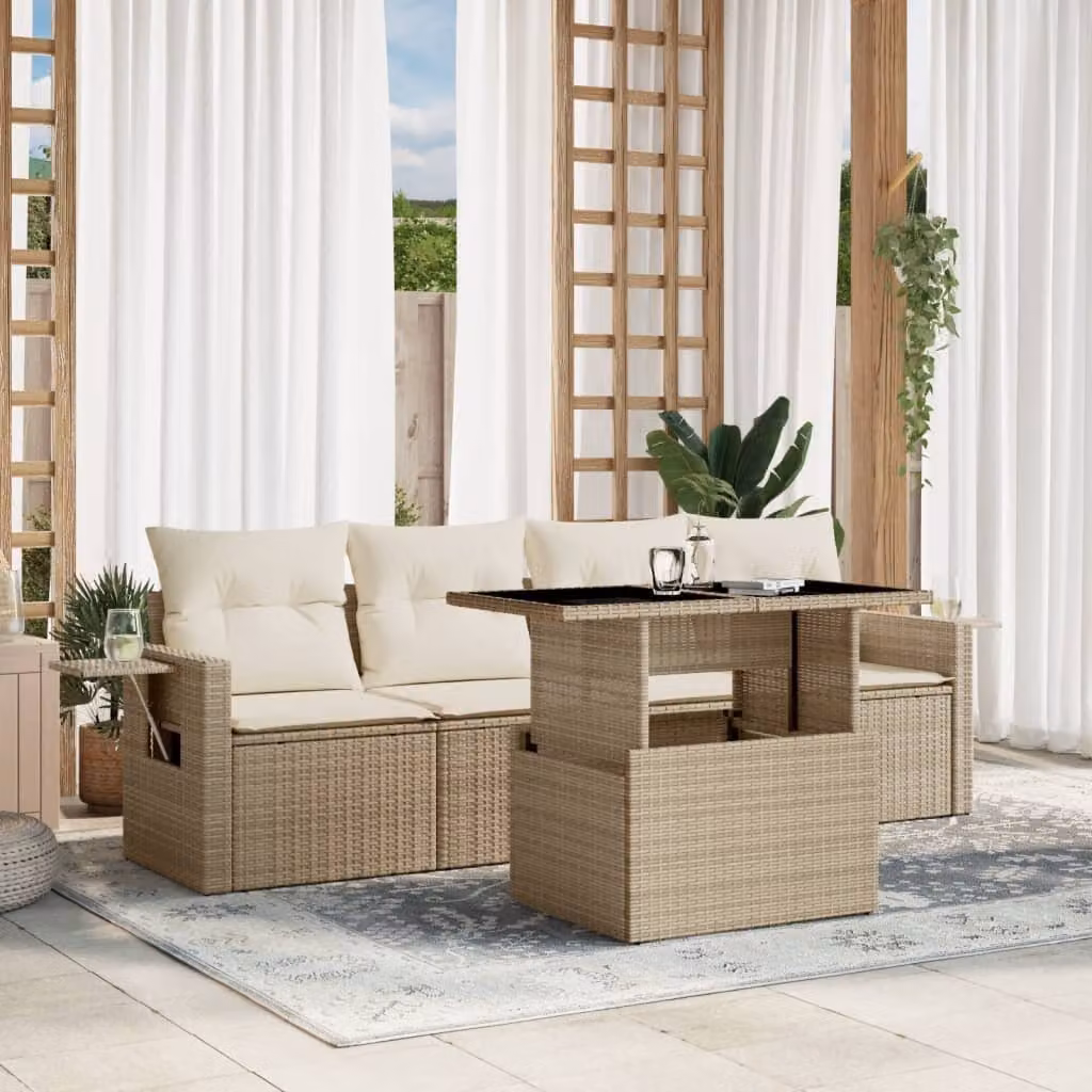 vidaXL Set Divano da Giardino 5 pz in Polyrattan con Cuscini Beige e Tavolino – 1