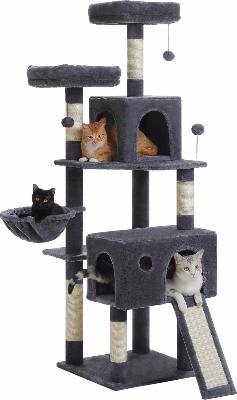Torre per gatti, design a più livelli, tiragraffi e sedili, AMT0181DGY, COME VEDUTO