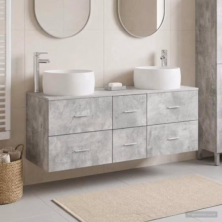 Set di mobili da bagno moderno vidaXL in 3 pezzi color grigio con vanità e armadietto laterale in legno e finitura opaca