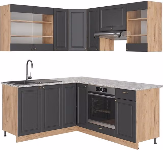 Cucina angolare completa Fame-Line Vicco in Rovere dorato e Antracite con piano in Marmo