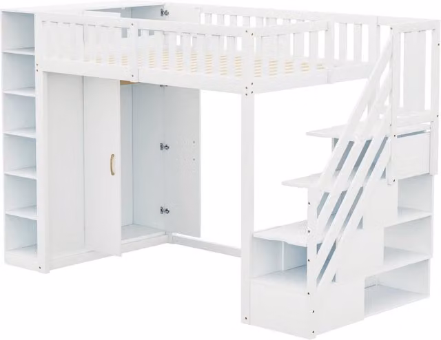 Letto a soppalco multifunzione 90x200 cm con armadio grande, scaffali e scaletta di sicurezza con cassetti, bianco