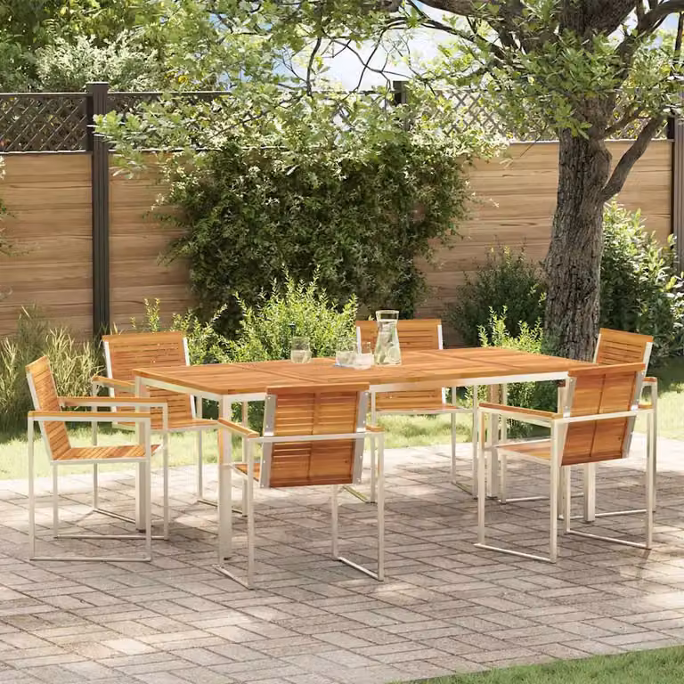Set da pranzo per giardino e terrazzo vidaXL in legno di acacia e acciaio inossidabile, 7 pezzi, marrone e argento