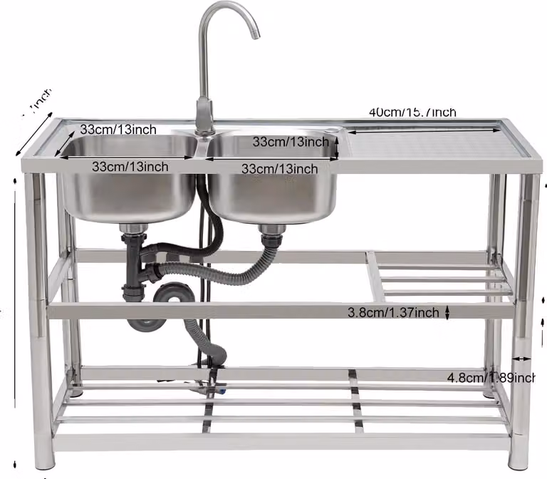 Lavabo doppio, design autoportante, miscelatore incluso, colore argento