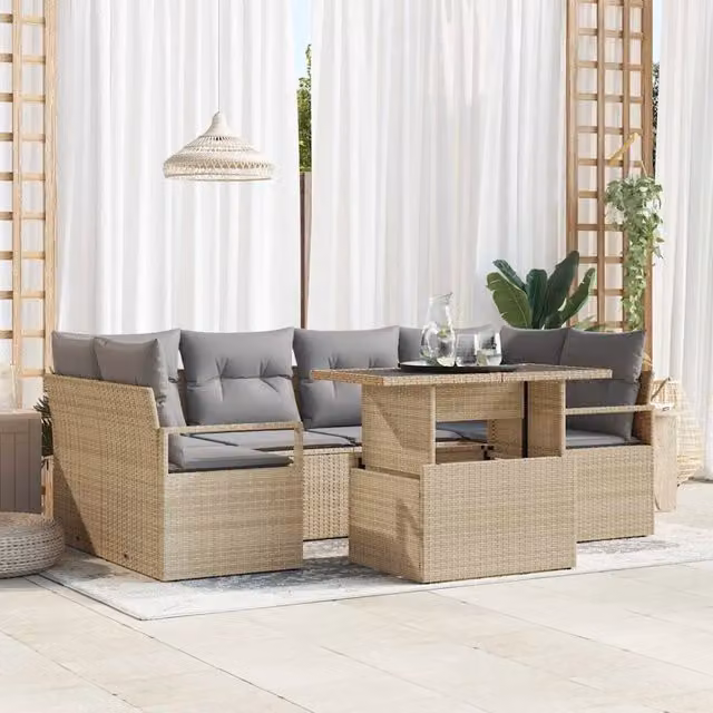 Set Divano da Giardino 7 pz 6-Numero di posti Beige polyrattan 3348756