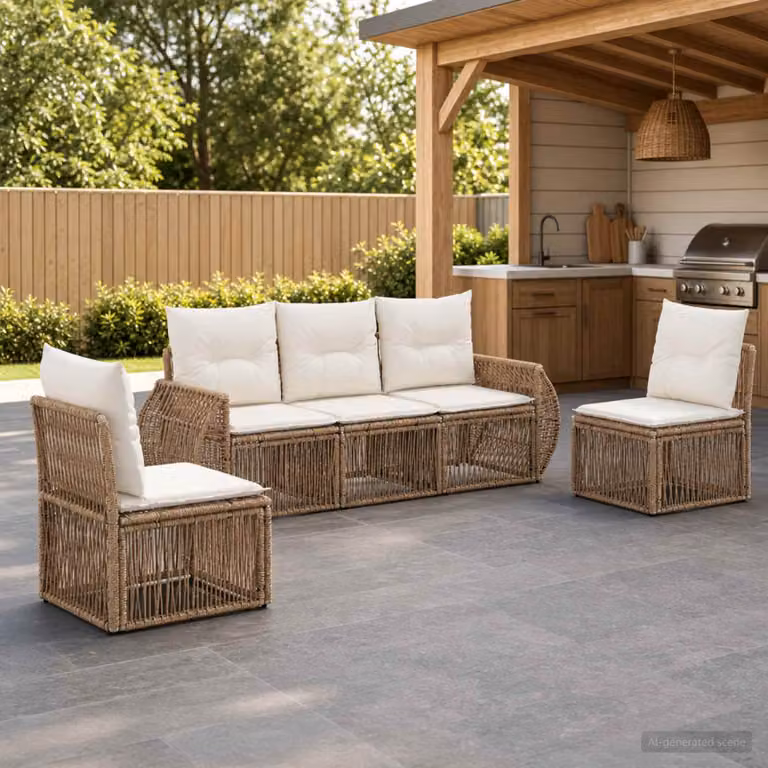 Set Divano da Giardino vidaXL 5 Pezzi in Polyrattan Beige e Bianco Crema con Cuscini e Struttura in Acciaio