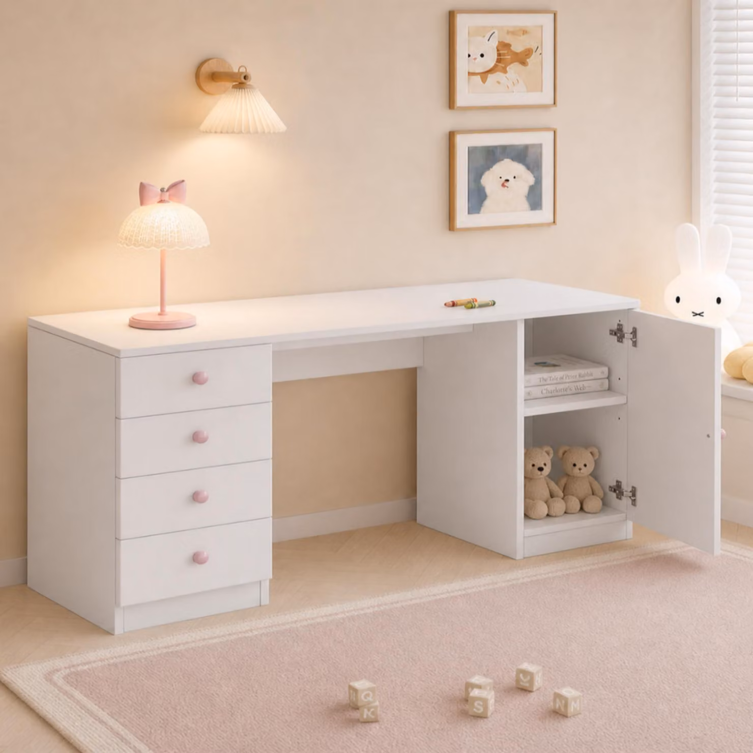 Scrivania MODFU con 4 cassetti, scrivania per computer, scrivania per bambini con armadietto e pomelli in Vetroceramica rosa, scrivania da studio, dimensioni 155x45x74 cm, colore bianco