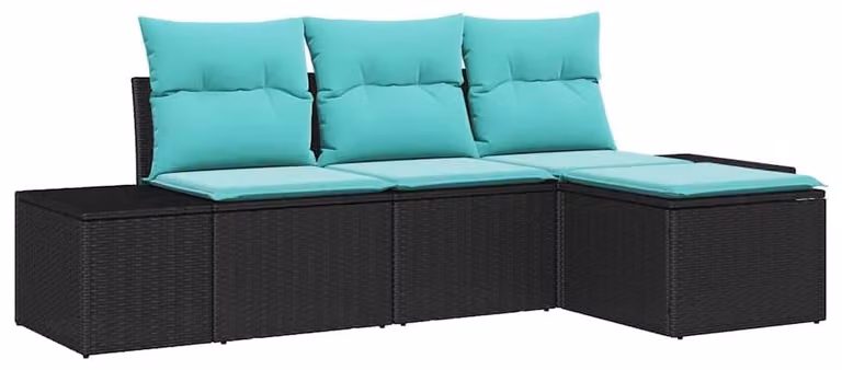 Set di divani da esterno, 4 pezzi, colore nero, materiale: rattan sintetico