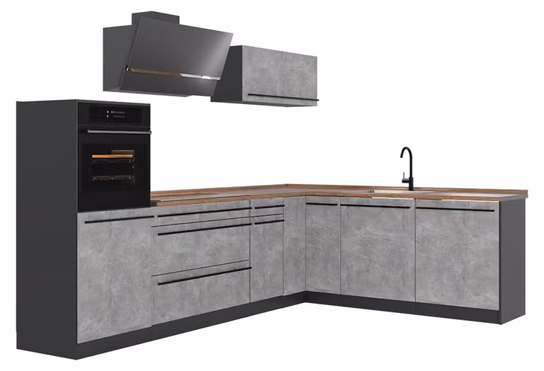 Cucina angolare completa Vicco R-Line Calcestruzzo/Antracite 287 x cm piano di lavoro Rovere dorato, Model 67522
