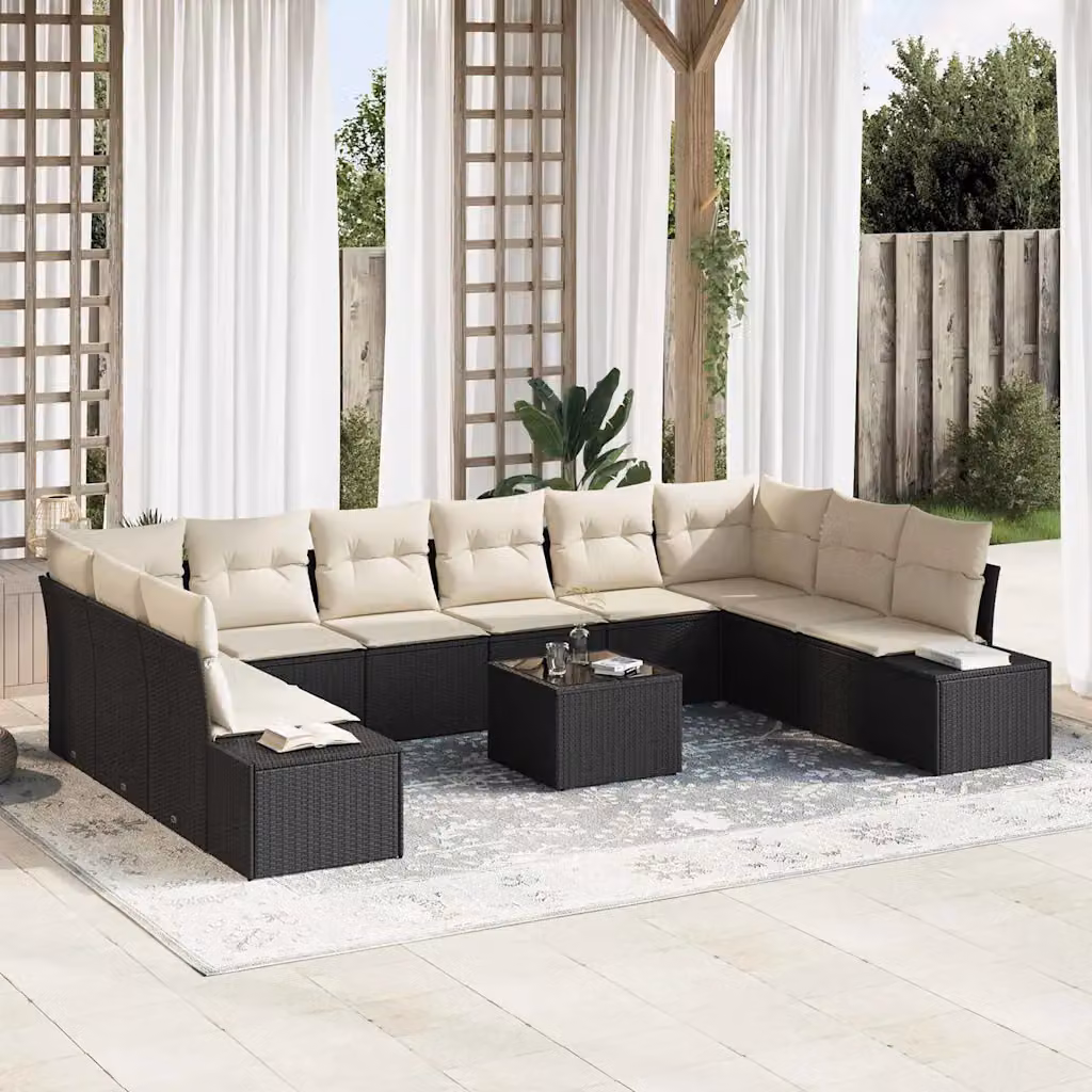 Set Divano da Giardino vidaXL 11 Pezzi a Forma di U con Cuscini Nero e Beige in Polyrattan e Metallo – 1