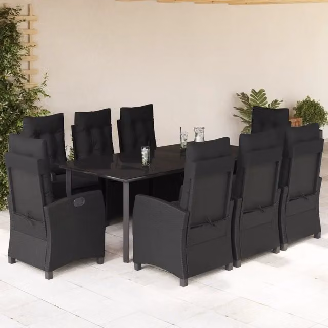 Set da pranzo da giardino vidaXL in polyrattan nero con cuscini e tavolo in vetro, 9 pezzi – 1