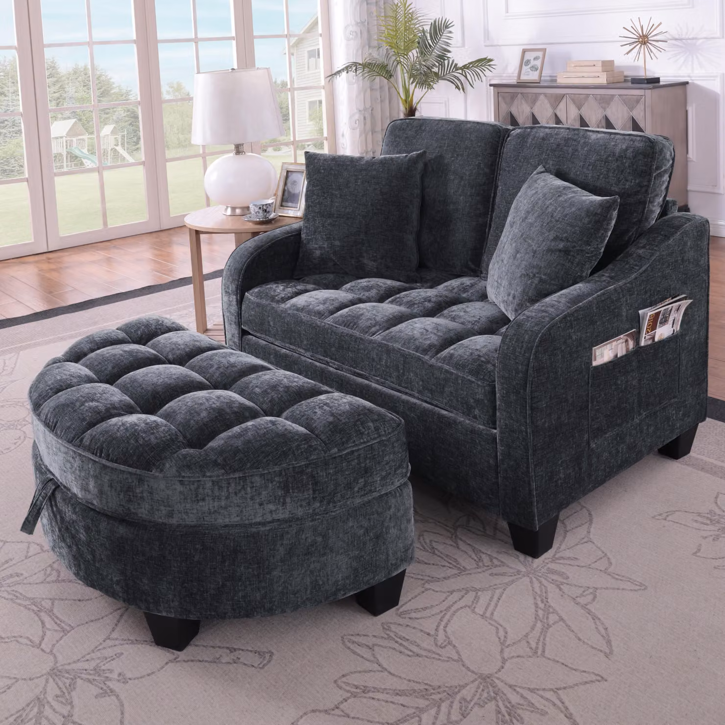 okwish 2-in-1 Divano letto Divano modulare Divano lounge con piedini antiscivolo in plastica, Chaise longue Poltrona relax con pouf contenitore, Nero