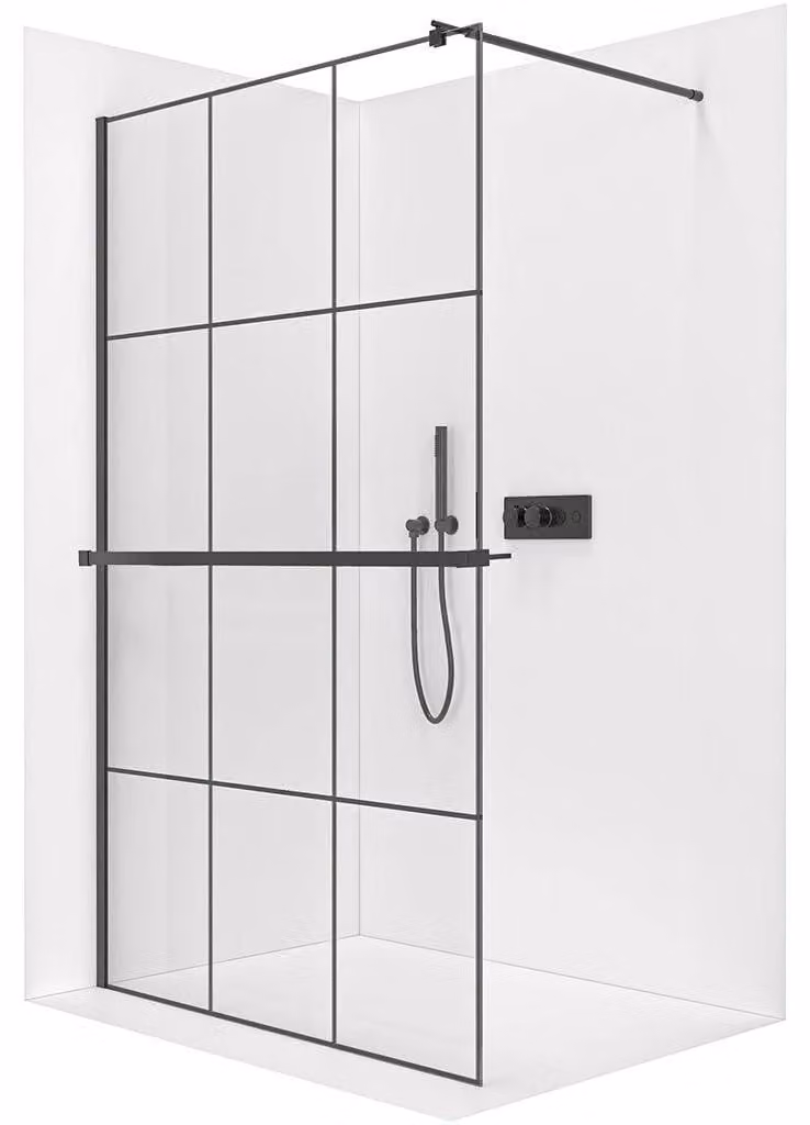Pannello doccia angolare Walk-in Onyx Round L/P - 8 mm + ripiano/portasciugamani - colonna rotonda - vetro nero opaco, stile industriale - 120x200 cm