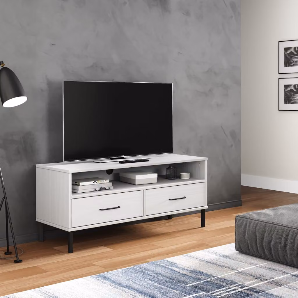 Mobile TV vidaXL OSLO in legno di pino massello e metallo bianco con stile rustico L/P/H: 106,0 x 40,0 x 46,5 cm