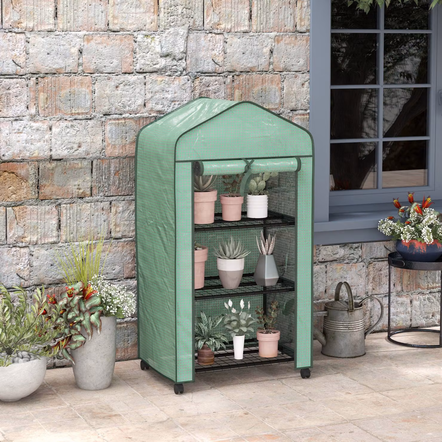 Mini Serra da Giardino Outsunny con 3 Ripiani e Ruote, Verde, L: 69 cm, P: 49 cm, H: 130 cm – 2