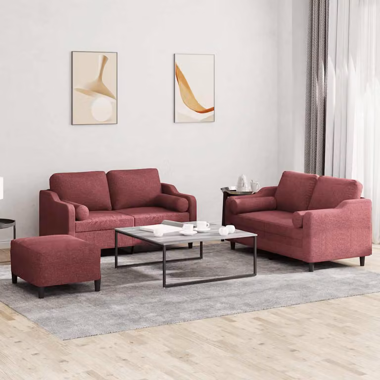 vidaXL Set di Divani 3 pz in Tessuto Rosso con Cuscini e Struttura Imbottita