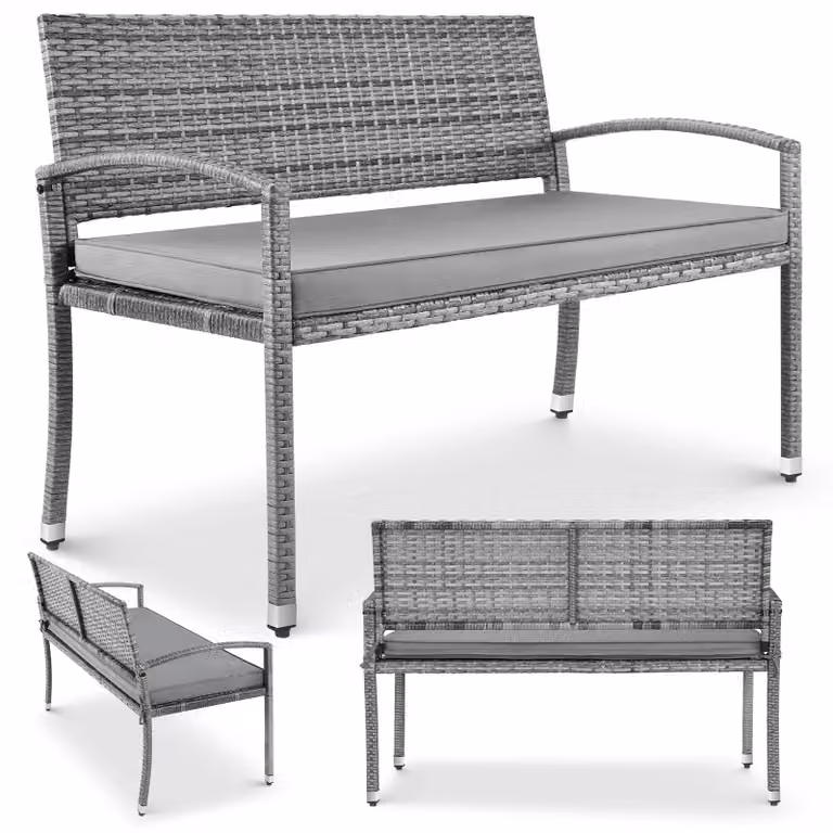 Panca da giardino in rattan sintetico - Panca per terrazza e balcone, 2 posti - Struttura in metallo, dimensioni 122x60x90 cm - Con braccioli - Cuscini per il sedile inclusi - Portata massima di 320 kg - Resistente agli agenti atmosferici - Grigia