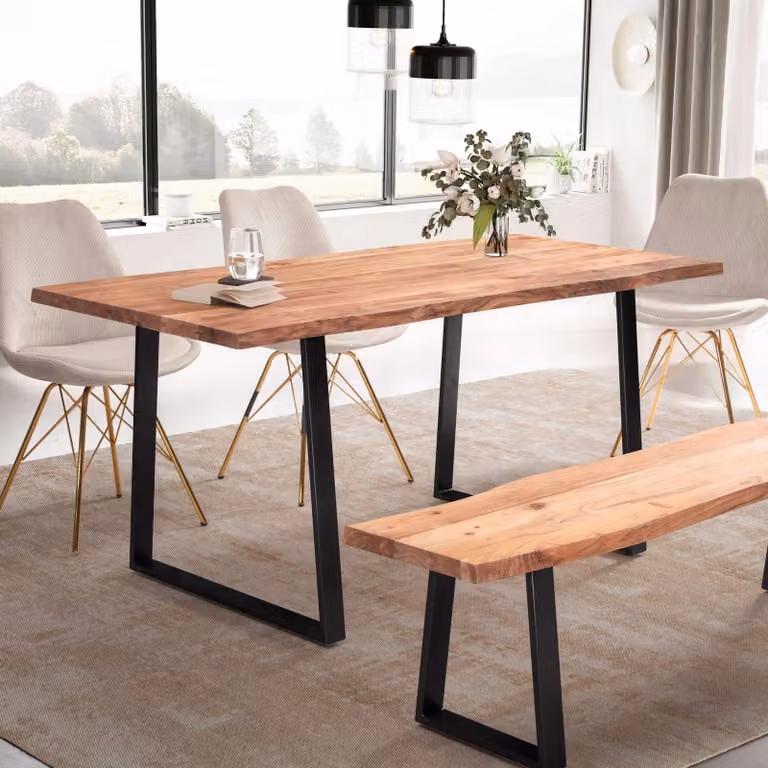 FineBuy Tavolo da pranzo 160 cm rettangolare in legno massello di acacia con bordo naturale - Tavolo da pranzo industriale in legno massello naturale - Tavolo da cucina - Tavolo con bordo naturale