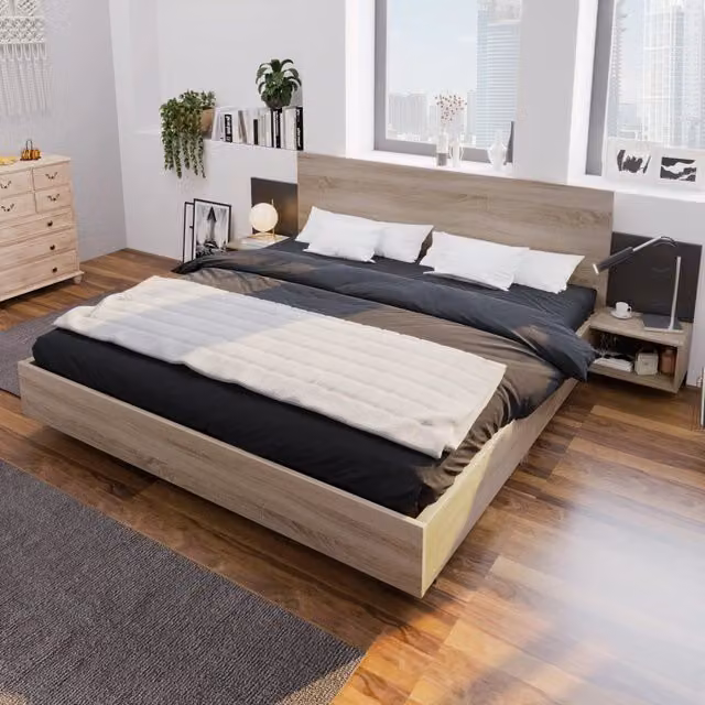 Letto matrimoniale Mivray con comodini integrati e rete a doghe in legno grigio scuro, L/P/H: 160 x 200 x 235 cm