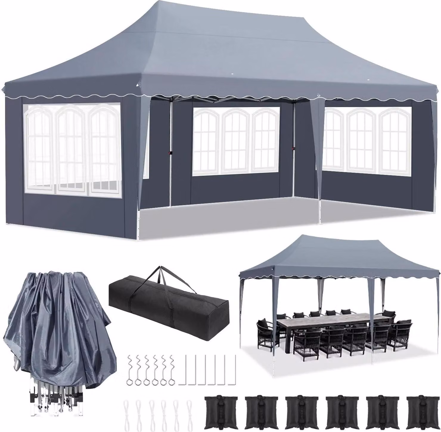 Padiglione pop-up 3 x 6 m - Tenda per feste - Impermeabile - HDPE con rivestimento inPoliuretano- Struttura in lega di alluminio - Con 4 pareti laterali - Grigio scuro