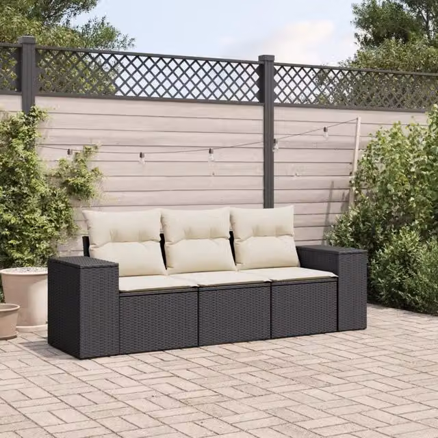 Set Divani da Giardino 3 pz con Cuscini in Polyrattan Nero 3222255