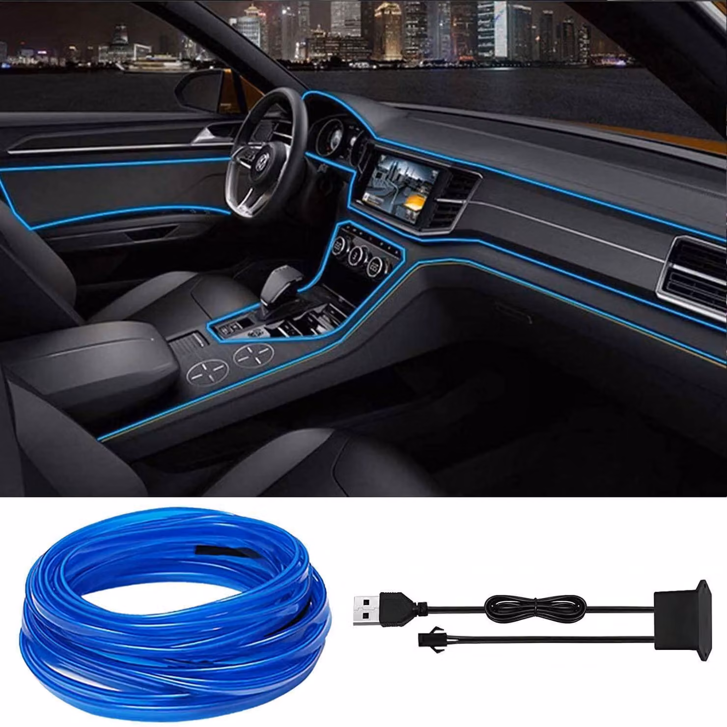 Illuminazione interna LED per auto, striscia luminosa blu da 5 metri, USB, impermeabile