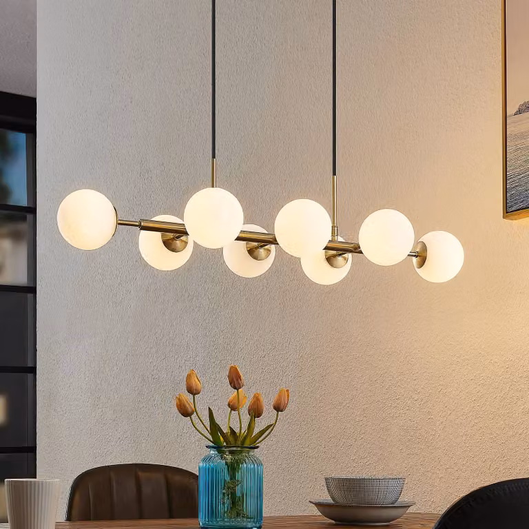 Lampada a sospensione in vetro Kiamo Lindby, dimmerabile, Bianco / Opale, Soggiorno / Sala da pranzo, Metallo, Moderno, Lampada a sospensione